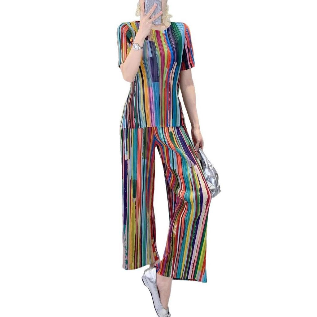 Rainbow Stripe Pleated Two-Piece Set: Round Neck Top & Loose Straight-Leg Pants for Women