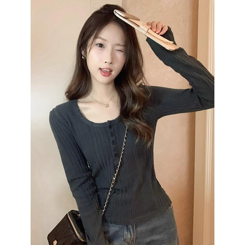 American half-open collar long-sleeved T-shirt for women in winter new hot girl pure lust style slim and western style inner layering shirt top