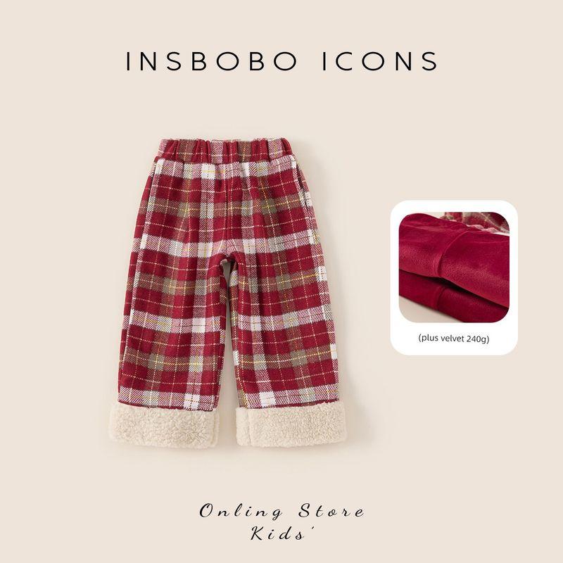 Insbobo Girls  Pants Children s Fleece-Lined Long Pants Girls  Casual Pants Children s Clothing Girls  Red Plaid Pants Winter Red Grid 100