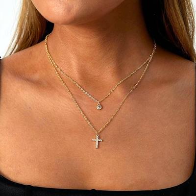 Hot-selling Necklace Fashion Temperament Zircon Pendant Clavicle Chain Women's Double-layer Diamond-encrusted Cross Necklace