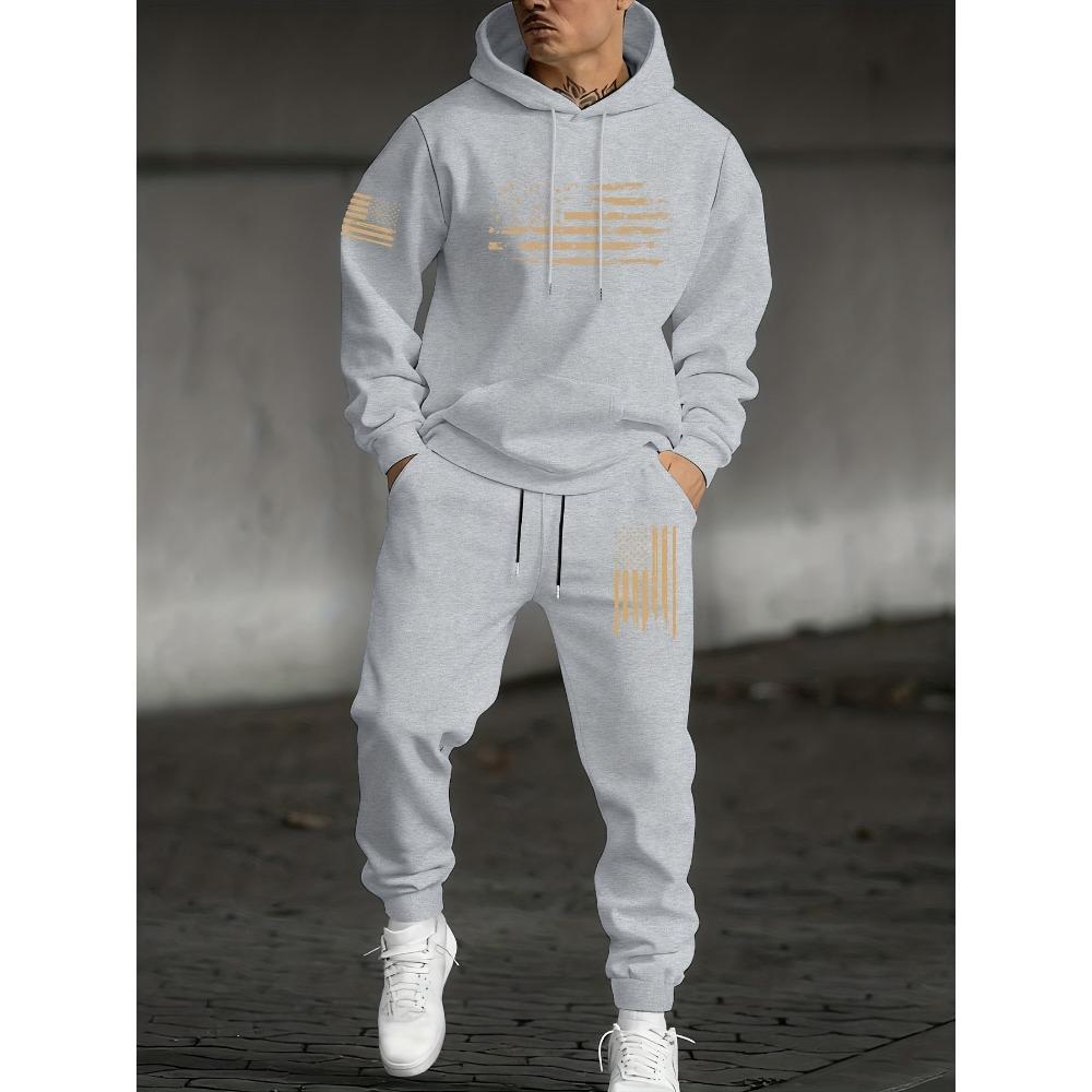 Fashionable Men's Casual Suit with Flag Pattern Printed Drawstring Hoodie and Drawstring Sports Pants Set, Suitable for Outdoor Travel