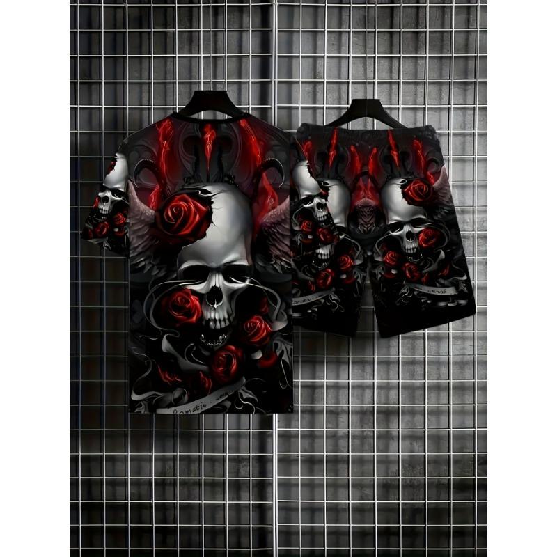 Herren Casual Gothic Totenkopf Set: T-Shirt & Shorts. Atmungsaktive Sportbekleidung im Urban Style für Outdoor/Reisen
