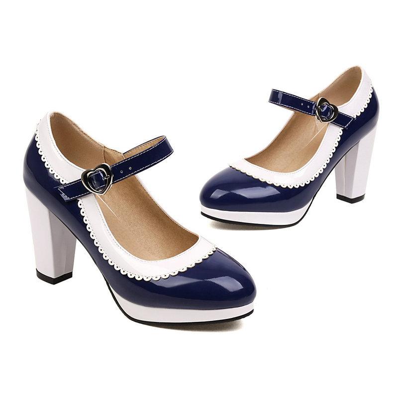

Patent Leather Matching Color Chunky Heels One Line Buckle Women s Shoes 34 белый