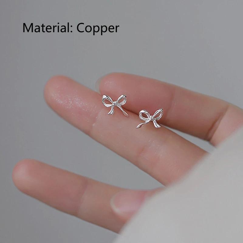 

1 пара милых сережек-пусетов с бантиками для женщин, Корея, медного цвета, серьги с лентами, простые минималистичные, для пирсинга ушей, с цирконами, подарки