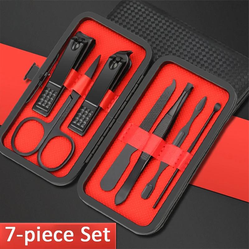 

Black Red 7piece Set Professional Manicure Set Kits Stainless Steel Fingernail Toenail Clippers Set with Leather Portable Case