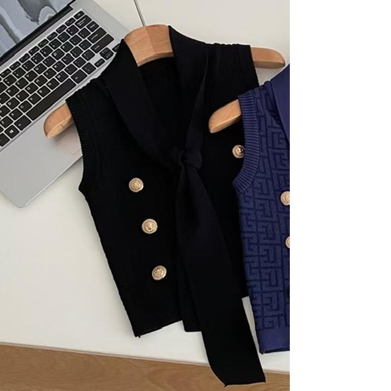 Fashion Elegant Sleeveless V Neck Bow Lace-up Women Shirt Vests New Casual Solid Color Knitted Short Sweater Buttons Tops Office Lady Slim Clothes