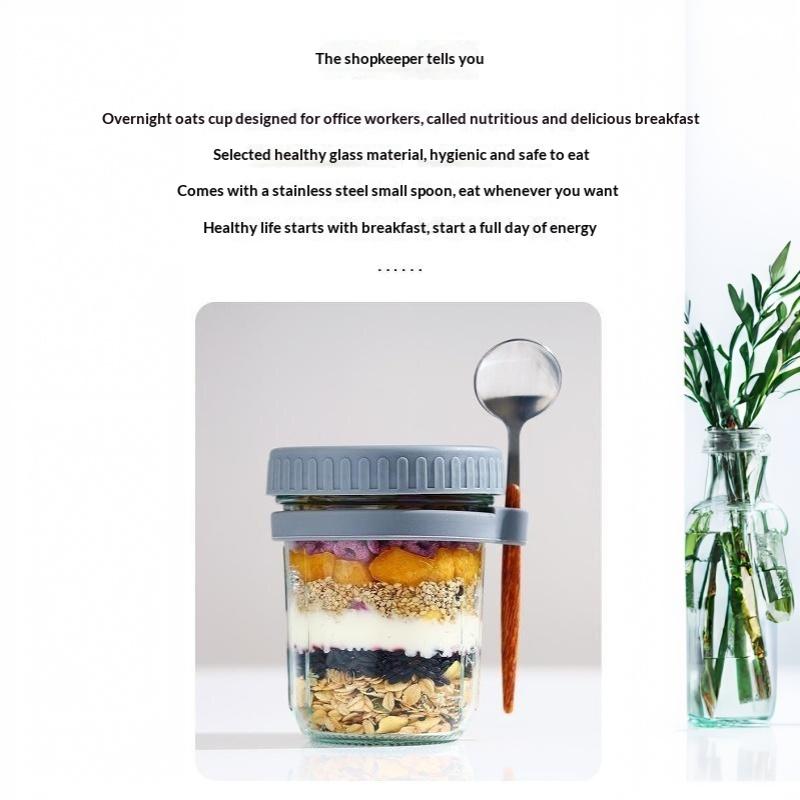 1Pcs 350Ml Reusable Glass Overnight Oats Jar With Spoon Oatmeal Container Food Storage Organizer For Breakfast