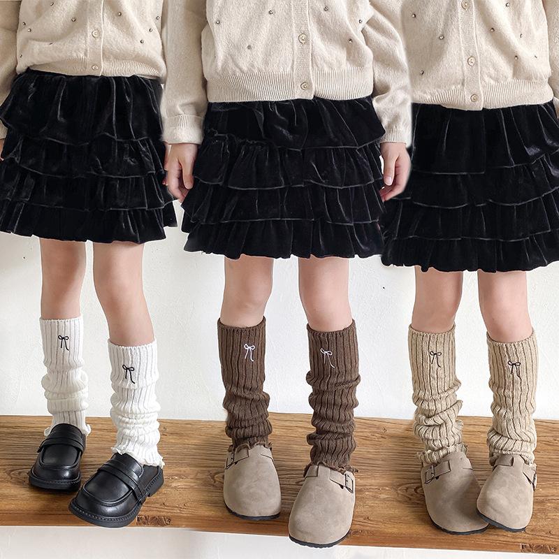Girls Socks Spring And Autumn Embroidery Bow Calf Socks Solid Color Retro Knitted Wool Warm Pile