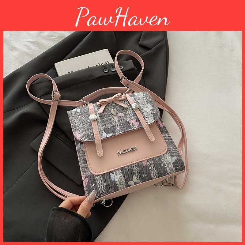 Sweet Splicing Print Design Bow And Lace Decoration Women Casual Shoulder Bags