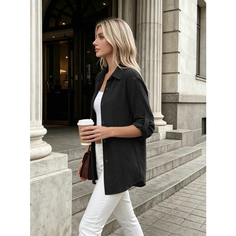 Womens Casual Button Up Long Sleeve Roll Tab Sleeve Shirt