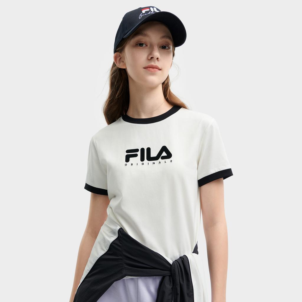FILA Original Letter Logo Print Round Neck Pullover T-Shirt Women tops Cloud-White F11W429113FWT