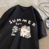 Korean Fashion Street Creative Blow Fan Cat Printing Cotton T-shirt for Women Summer Comfortable Short Sleeve Couple 61502