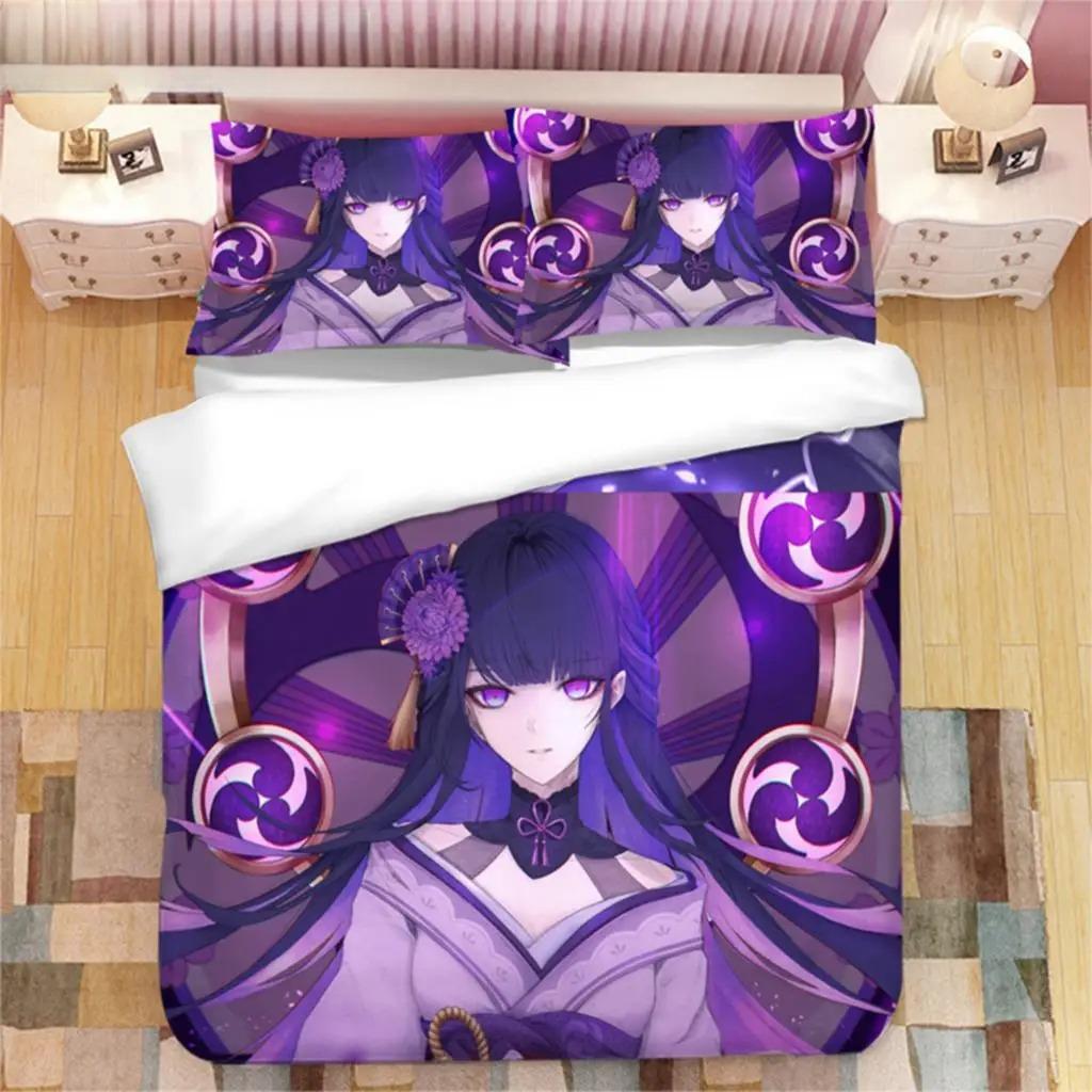 Genshin Impact Raiden Shogun 3D Printed Bedding Set Duvet Covers Pillowcases Comforter Bedding Set Bedclothes Duvet Cover