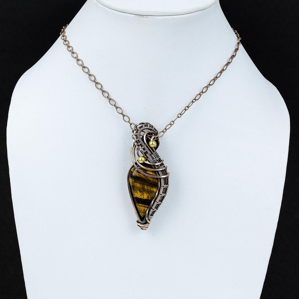 Tiger's Eye Gemstone Pure Copper Wire Wrapped Handmade Jewelry Pendant For Her