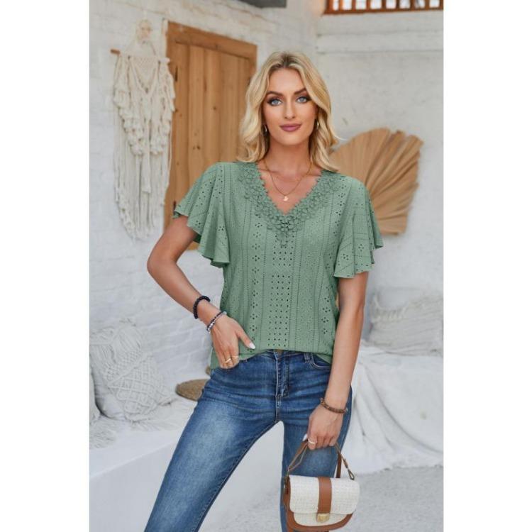 

Women s Loose T-shirt Solid Color Ruffles Sleeves Lace V-neck Spring Summer Fashion New 2XL зелений