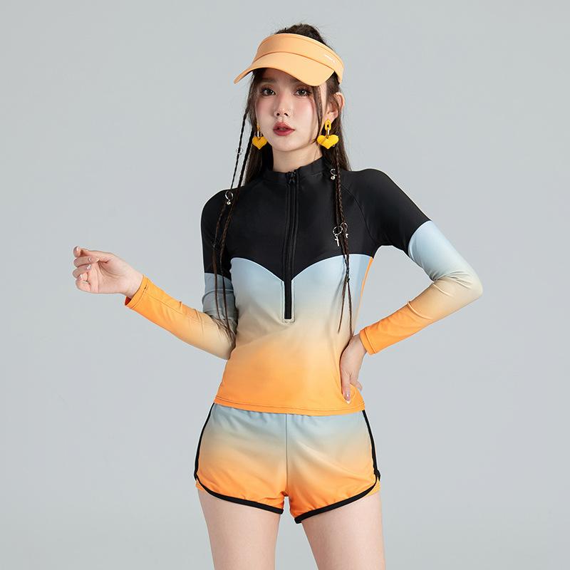Swimsuit Conservative boxers Sports and Casual Three-piece Set Long Sleeve Sunscreen Swimsuit Rainbow Swimsuit M