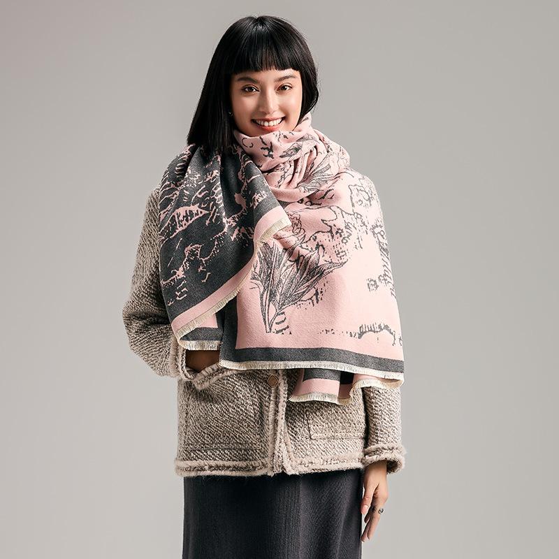 Flower Printing Contrasting Colors Autumn And Winter Double-Sided Imitation Cashmere Scarf Winter High-End Warm Shawl Women