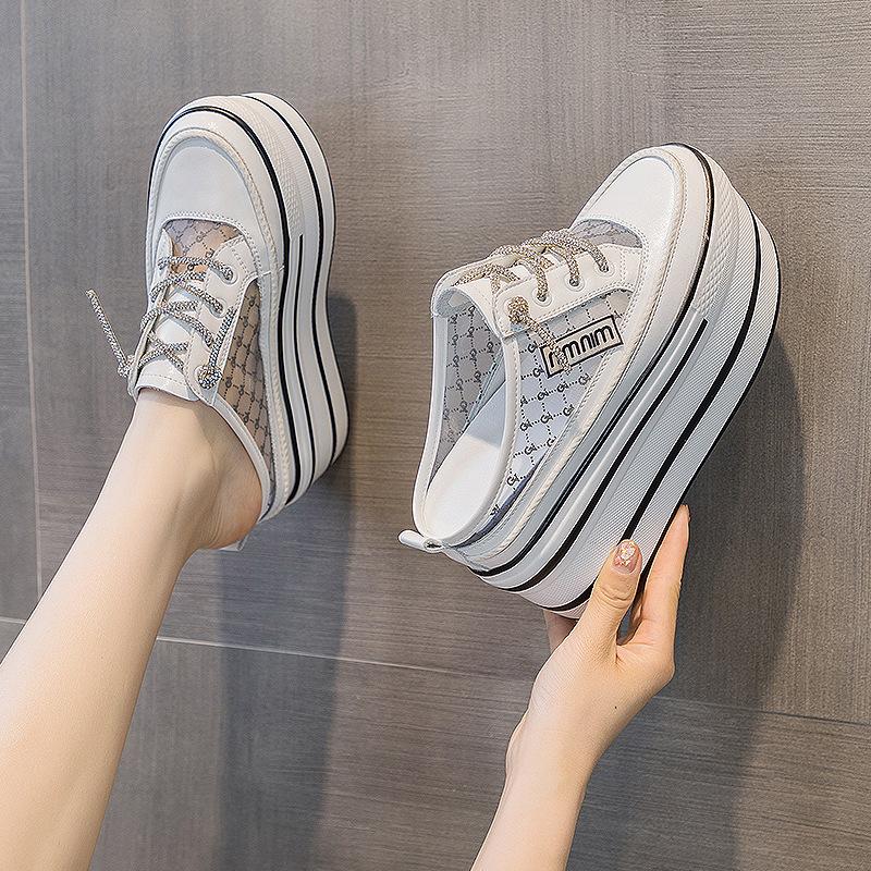 Baotou Half Slippers Outer Wear 2025 Popular Summer New Thick-soled Muffin Shoes Inner Height Increase Women's Shoes Mesh Yarn Breathable