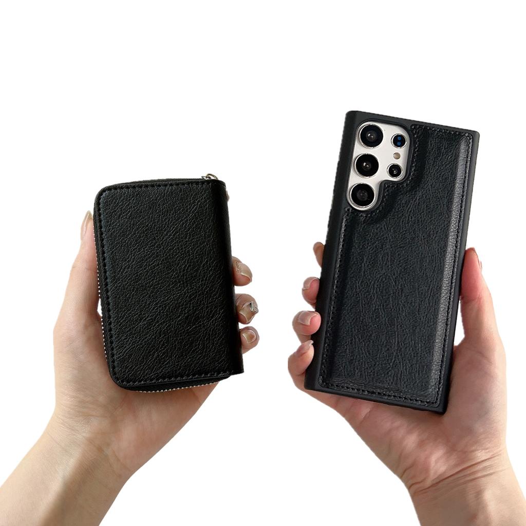 For Samsung Galaxy S25 Ultra Case Detachable Zipper Card Bag PU TPU Kickstand Phone Case with Strap