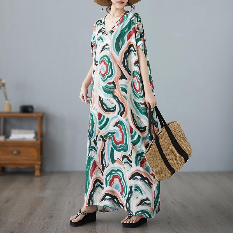 Dimanaf 2024 Plus Size Dress Women Summer V-Neck Sundress Bohemian Floral Print Elegant Lady Loose Oversize Maxi Dress
