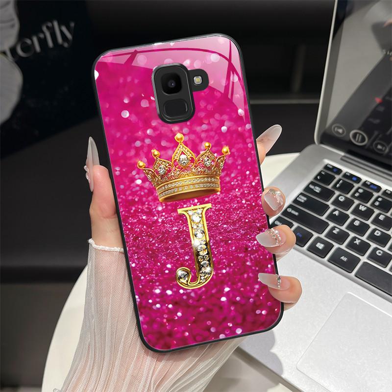 For Samsung Galaxy J6 2018 Case Fashion Letter Hard Tempered Glass Back Cover For Samsung J6 Plus J8 2018 Shockproof Phone Shell