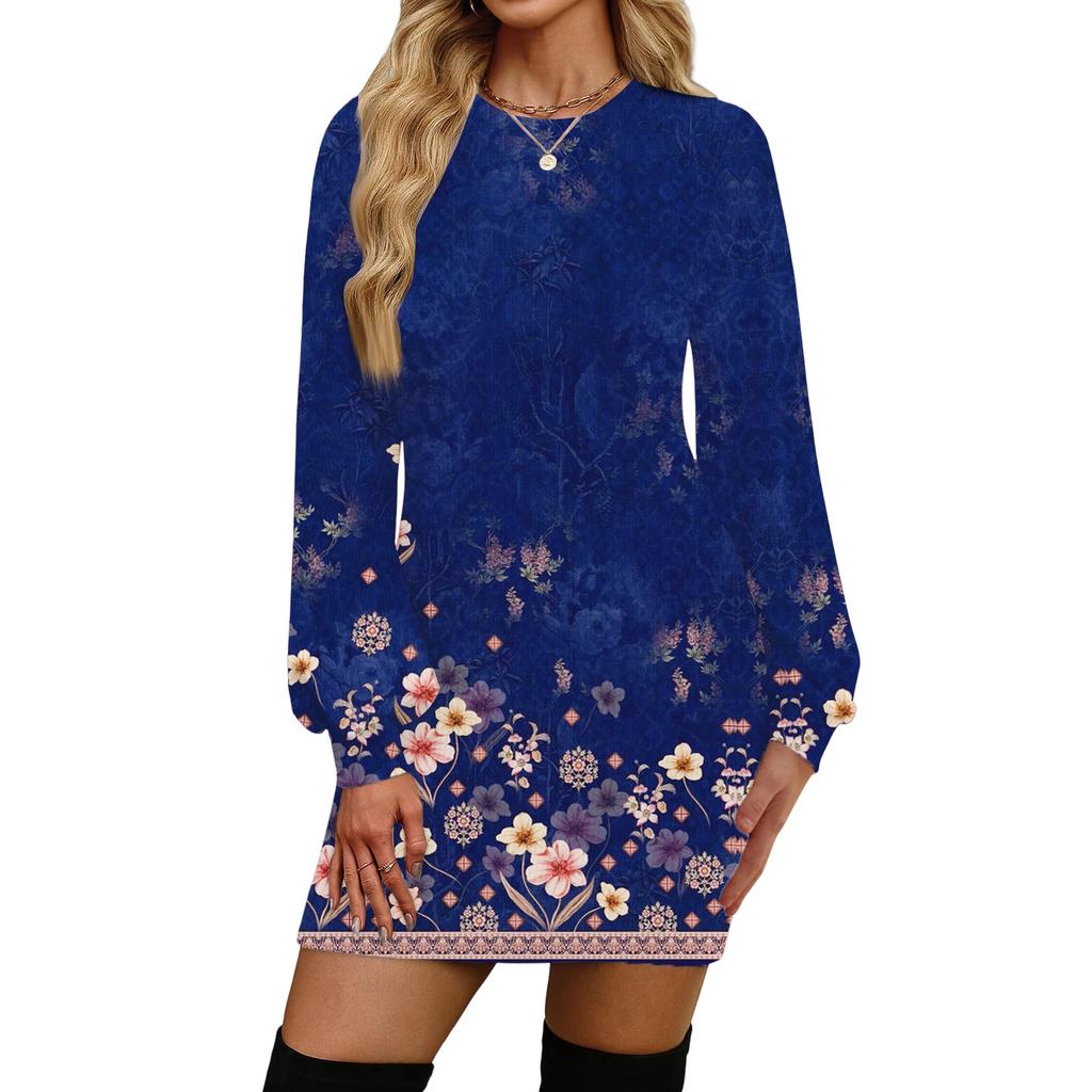 Damenmode Lässiges Rundhals Langarmkleid