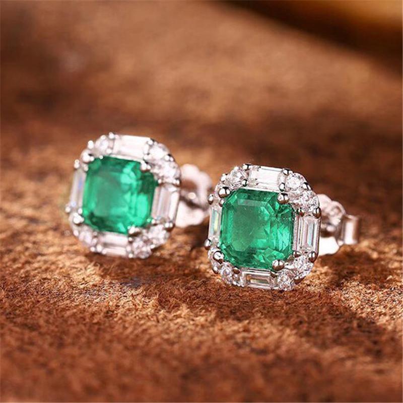 925 Sterling Silver Green Cubic Zirconia Stud Earrings for Women Simple Chic Fashionable Jewelry Accessory
