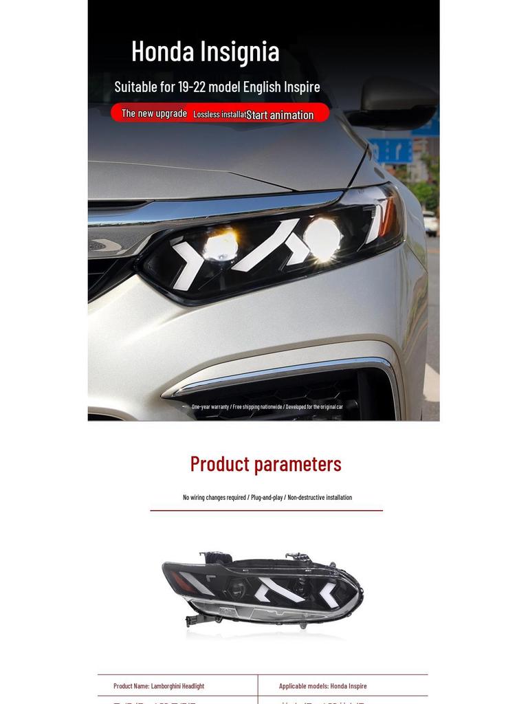 19-22 Honda Inspire Headlight Assembly: Lamborghini-Style LED DRLs & Flowing Turn Signals