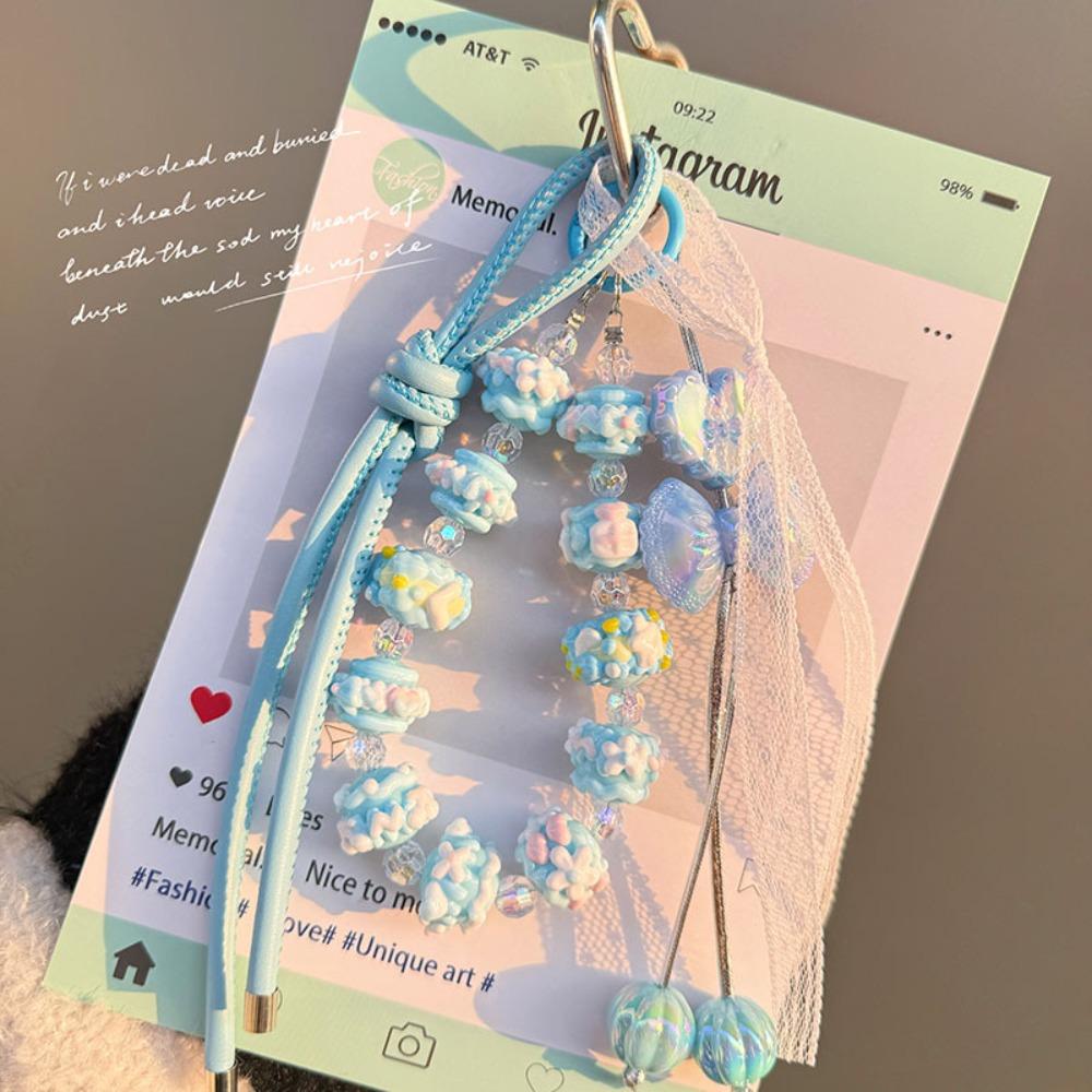 

Leather Rope Keychain Bag Pendant Ornaments Mobile Phone Lanyard Bag Charms Bowknot Y2K Beaded Hand-painted Gifts Fashion синий