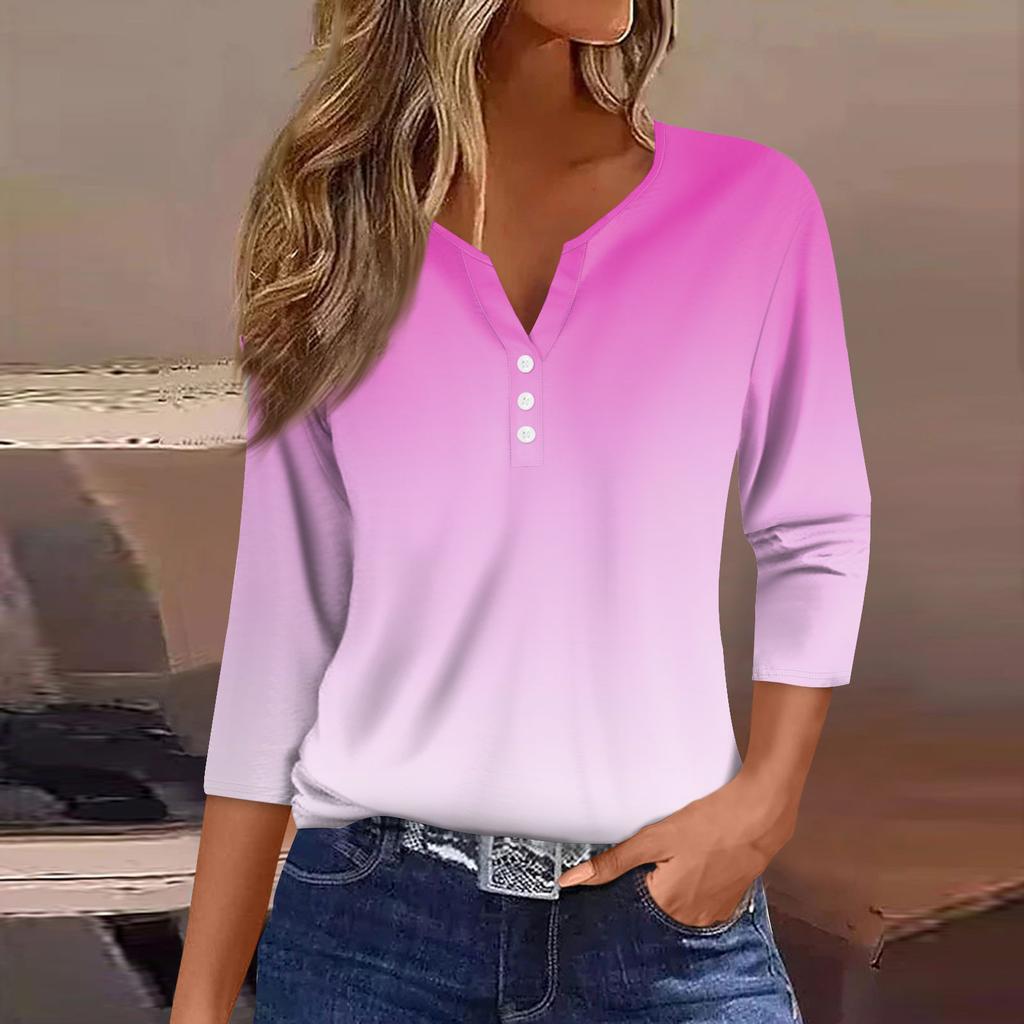 Women's Fashion Casual Printed V-Neck Seven Sleeve Button Down T-Shirt Top