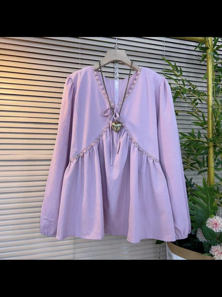 Plus Size Women's Irregular V-Neck Long-Sleeve T-Shirt - Stylish, Flaw-Hiding, Loose Fit for Spring & Autumn