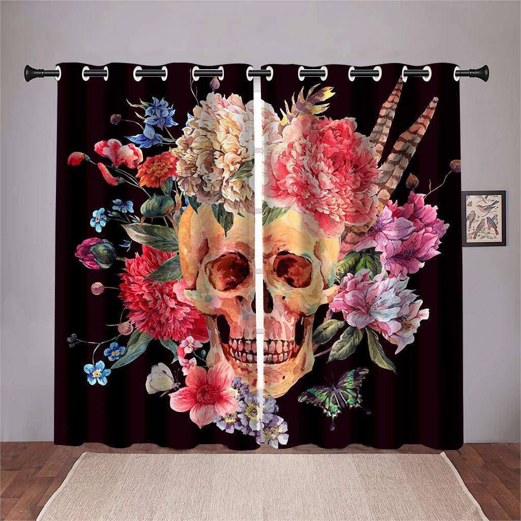 Window Curtains for Living Room, 3D, Cheap, Sexy, Valentine's Day, Rose Skull, Black, Couple, Shading, Bedroom, Home Decor