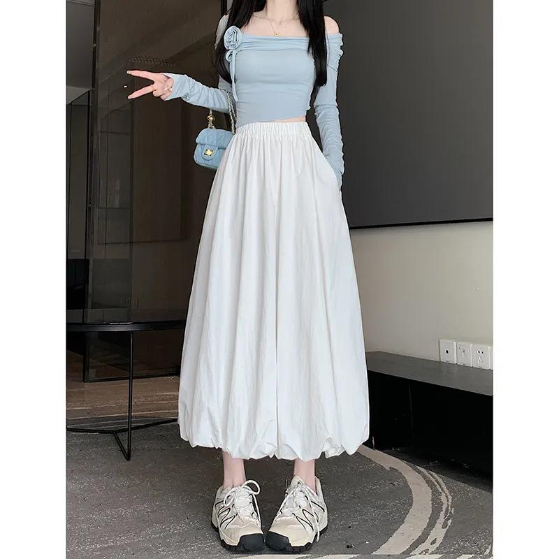 Women's White High Waist A-Line Tulip Midi Skirt