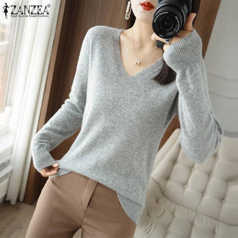 ZANZEA Autumn Spring Women V Neck Long Sleeve Stretch Casual Knitwear Sweater Undershirts