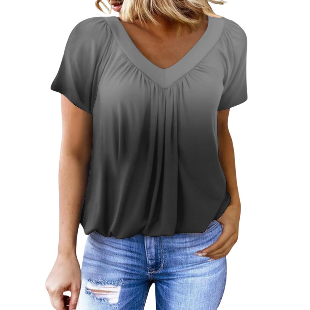 Women's Casual Color V-Neck Pleated Gradient Print Short-Sleeve Top