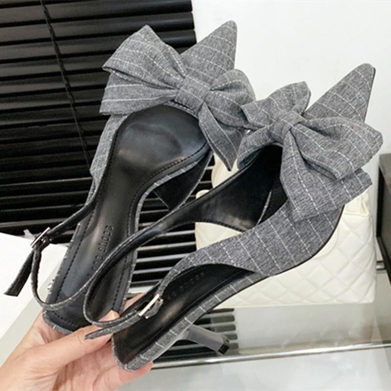 Fashion Striped Bow Design High Heels Women Sexy Pointed Toe Slingbacks Heeled Sandals Summer Comfort Elegant Women Pumps Office Shoes