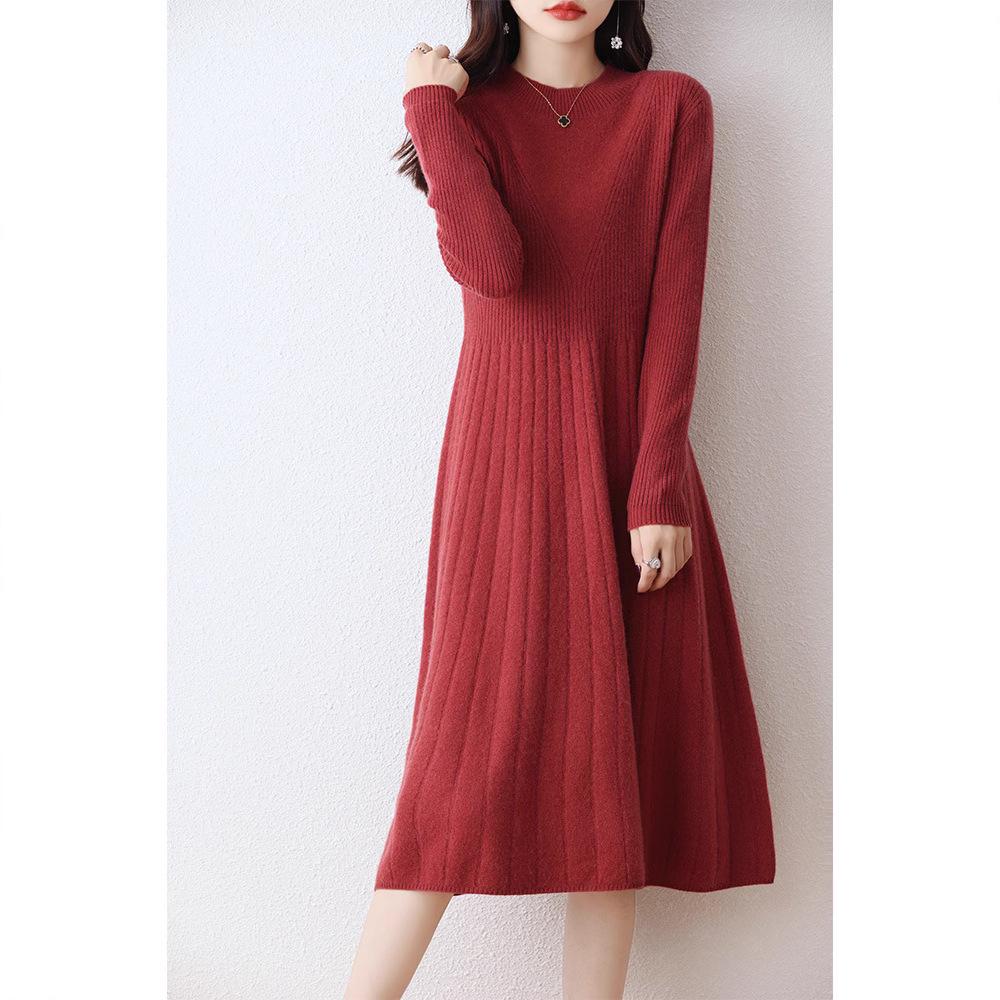Women's Wool Round Neck Long Sweater Dress - Autumn/Winter Slim Knit Versatile Outerwear