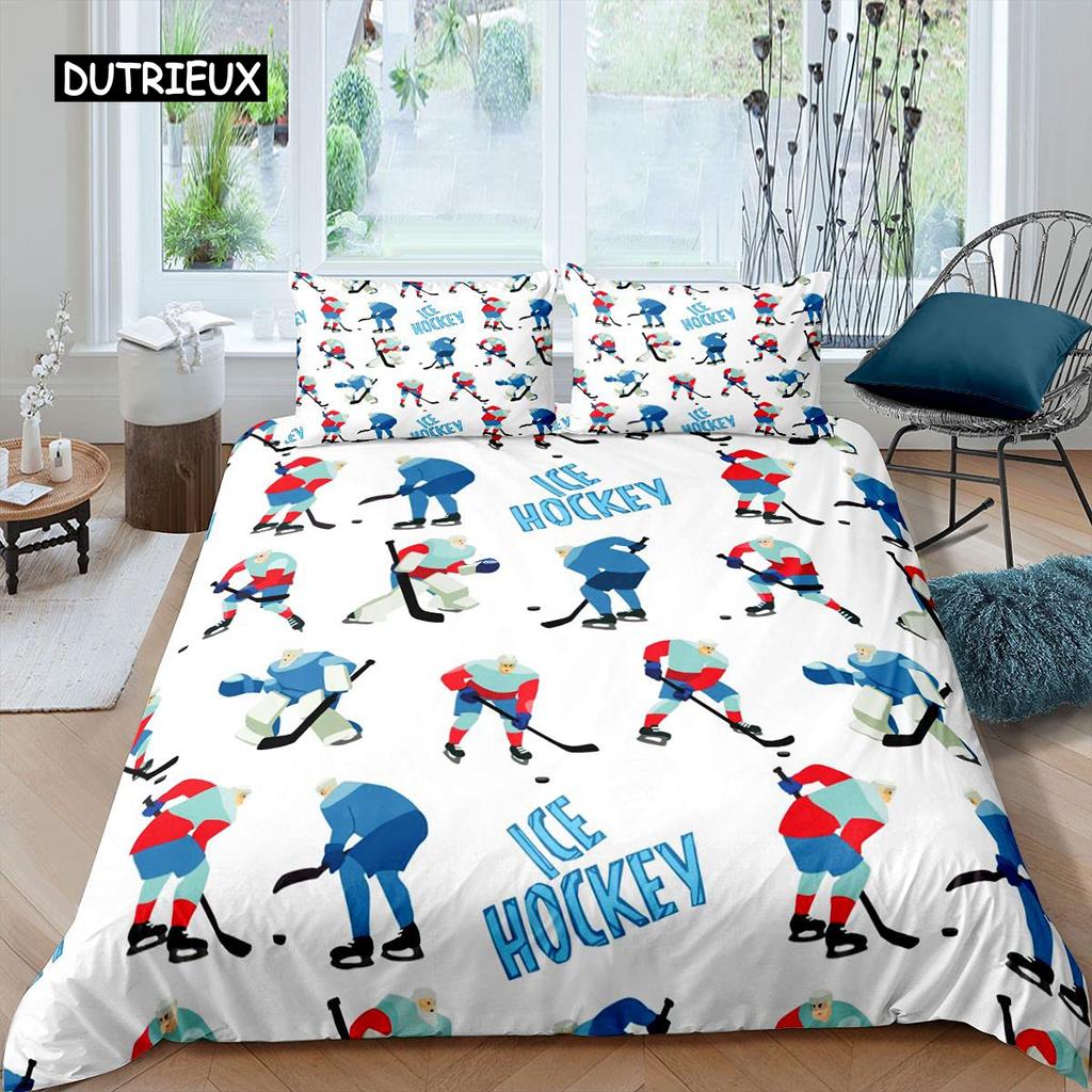 Ice Hockey Duvet Cover Set Boys Puck King Size Sports Games Theme Bedding Set for Kids Youth Adult Men Winter Match Quilt Cover