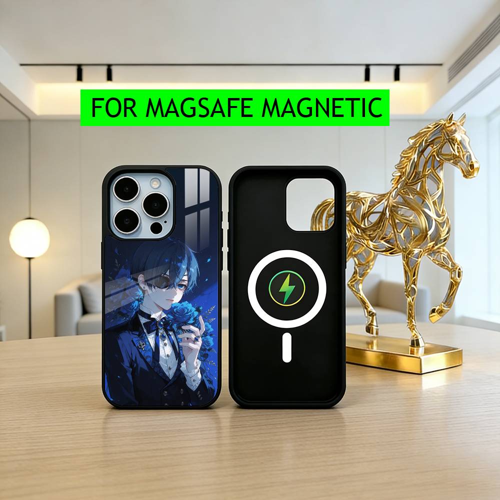Black C-Ciel P-Phantomhive Butler Phone Case For iPhone17,16,15,14,13,12,11 Plus,Pro Magnetic with Magsafe Wireless Charging