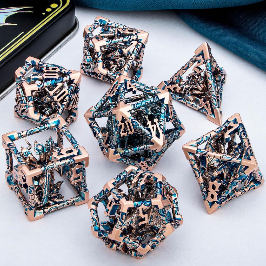 ARUOHHA Hollow DND Dice Set Copper Blue 5-Headed Dragon D and D Dice with Gift Box, Dungeons and Dragons Role Playing Games 7PCS Metal Polyhedral