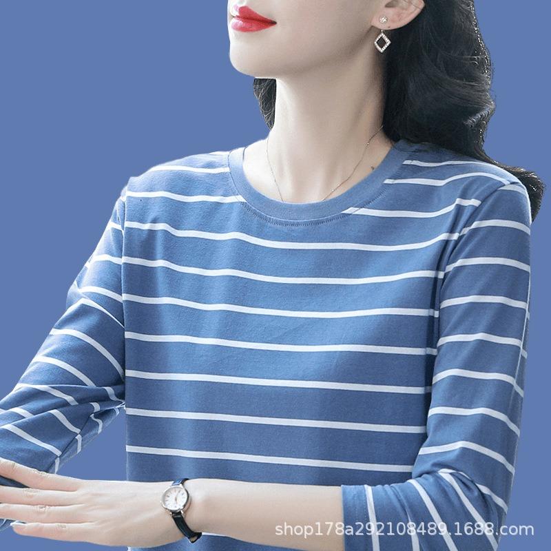 T-shirt de base en pur coton, Vêtements de printemps pour femmes d'âge moyen à manches longues, Nouveaux vêtements d'automne, Hauts amples grande taille