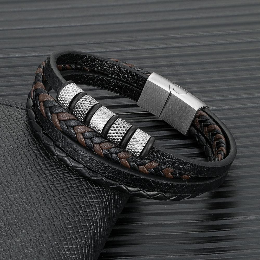 Stainless Steel Beaded Bracelet Punk Men's Classic Multilayer Braided Leather Bracelet Black Buckle Homme Pulseras