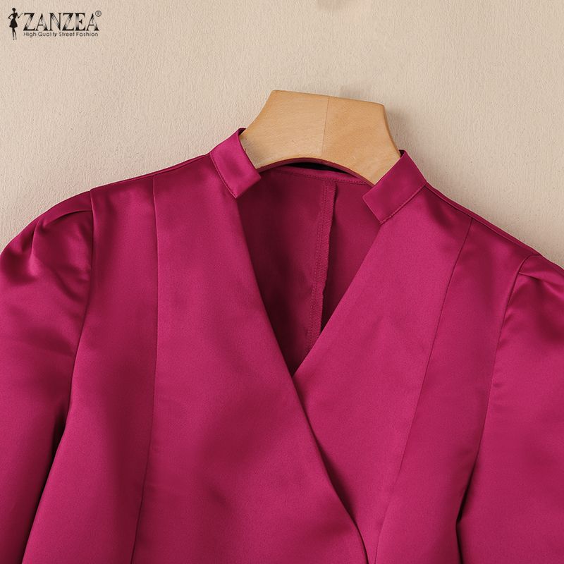 ZANZEA Damen Casual V-Ausschnitt Einfarbig 3/4-Ärmel Satinbluse