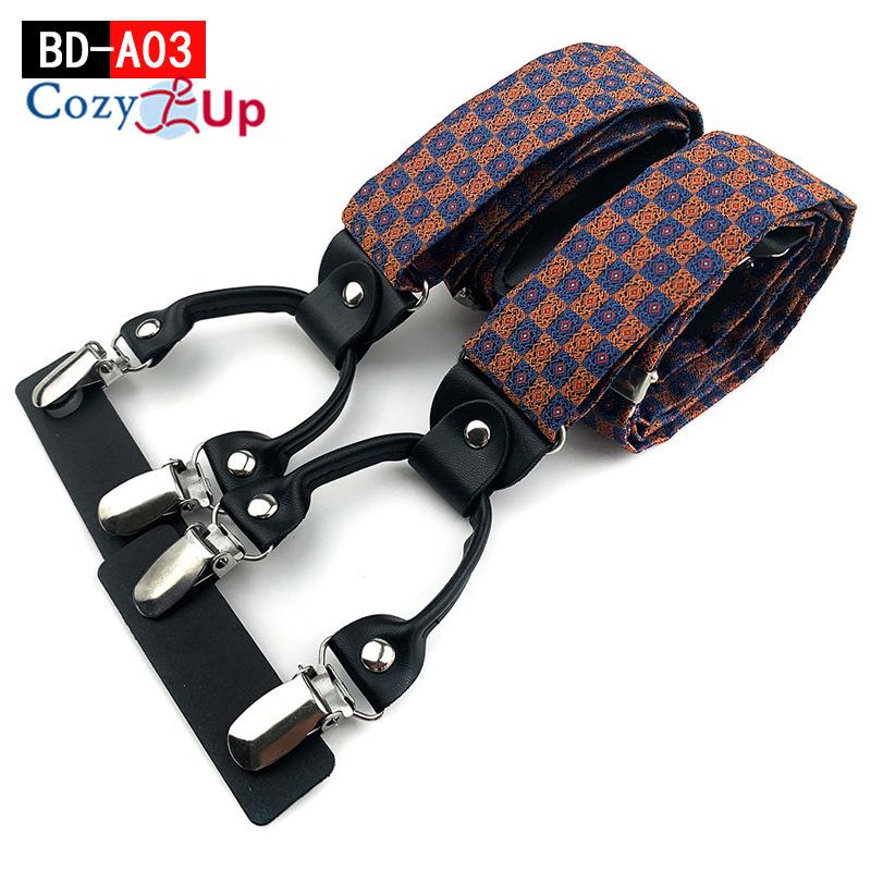 Suspensórios masculinos adultos em forma de Y com 6 clipes em tecido jacquard de couro com alça traseira elástica ajustável com ganchos giratórios e tiras elásticas nas costas em Y