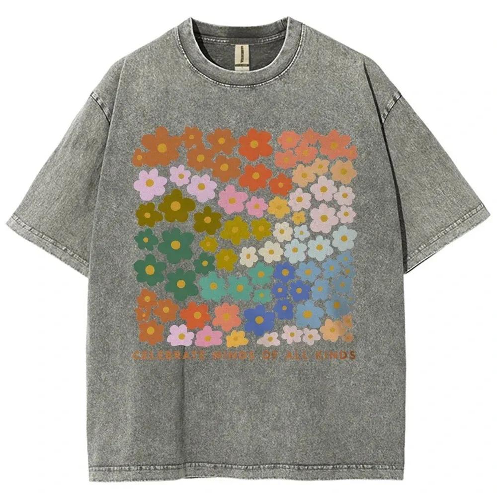Colorful Printed T-shirt for Women Vintage Washed Blouse Clothing Mens Casual Short Sleeved O Neck Tee Shirt Stree Tops 260310