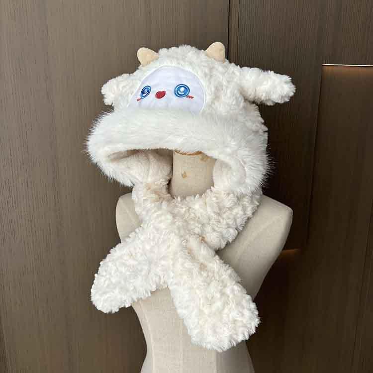 Cute Little Sheep Plush Hat Women'S Winter Cold Protection And Warm Hat Scarf Integrated Thickened Ear Protection Lei Feng Hat