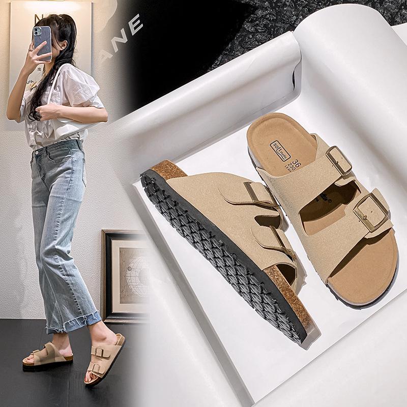 

тапочки на толстой подошве с квадратной пряжкой, женские пляжные туфли из коровьего вельвета, нескользящая уличная обувь, сандалии на плоской подошве, крутые тапочки. 32 хаки