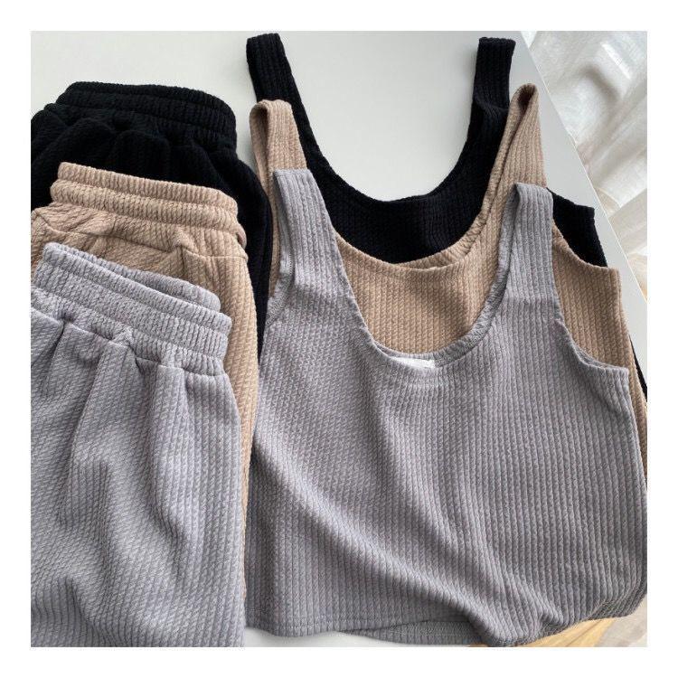 Women's Summer Sports Two-Piece Set: Short Vest & High-Waisted Wide-Leg Shorts Casual