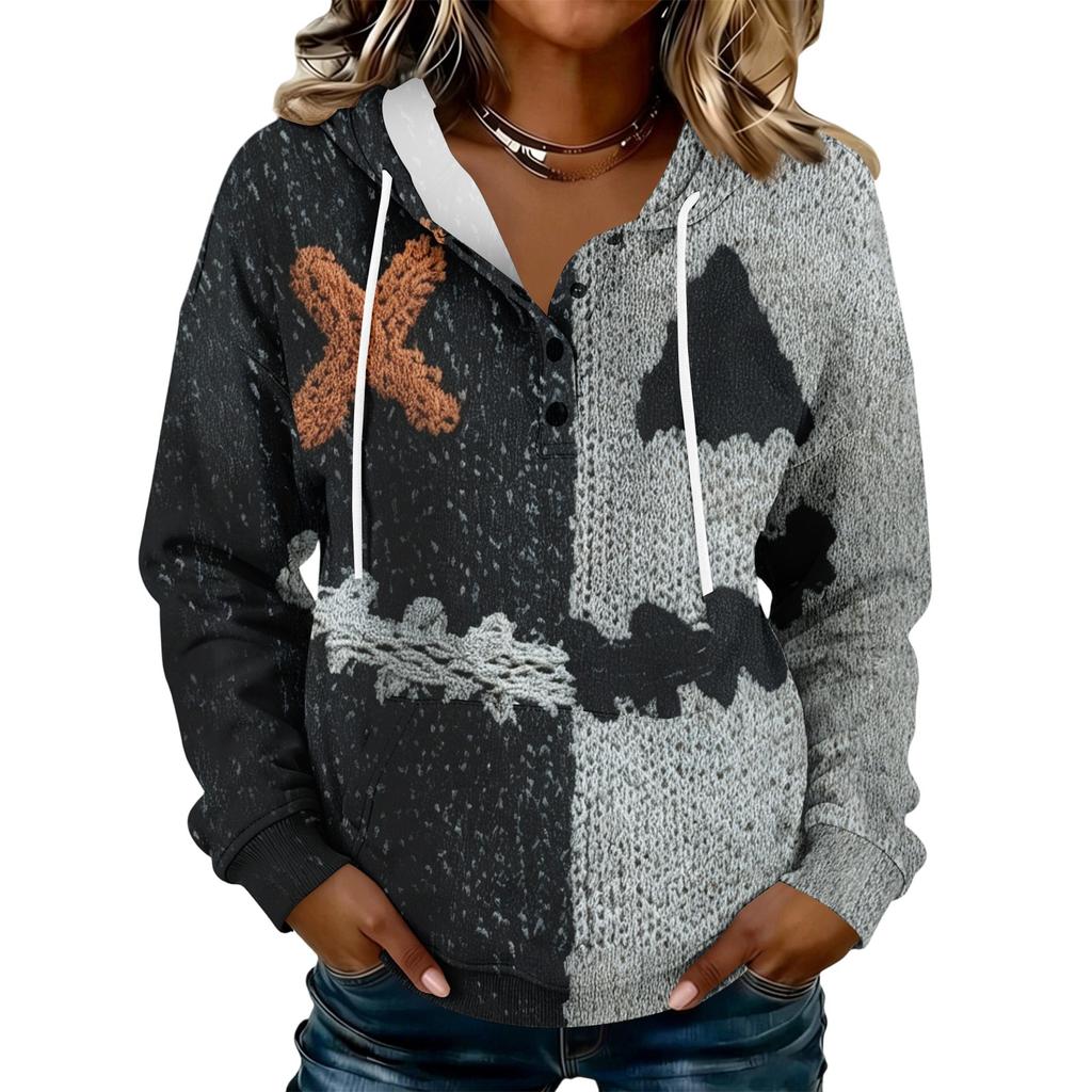 Women's Fashion Hooded Halloween Print Sweatshirt with Buttons for Festive