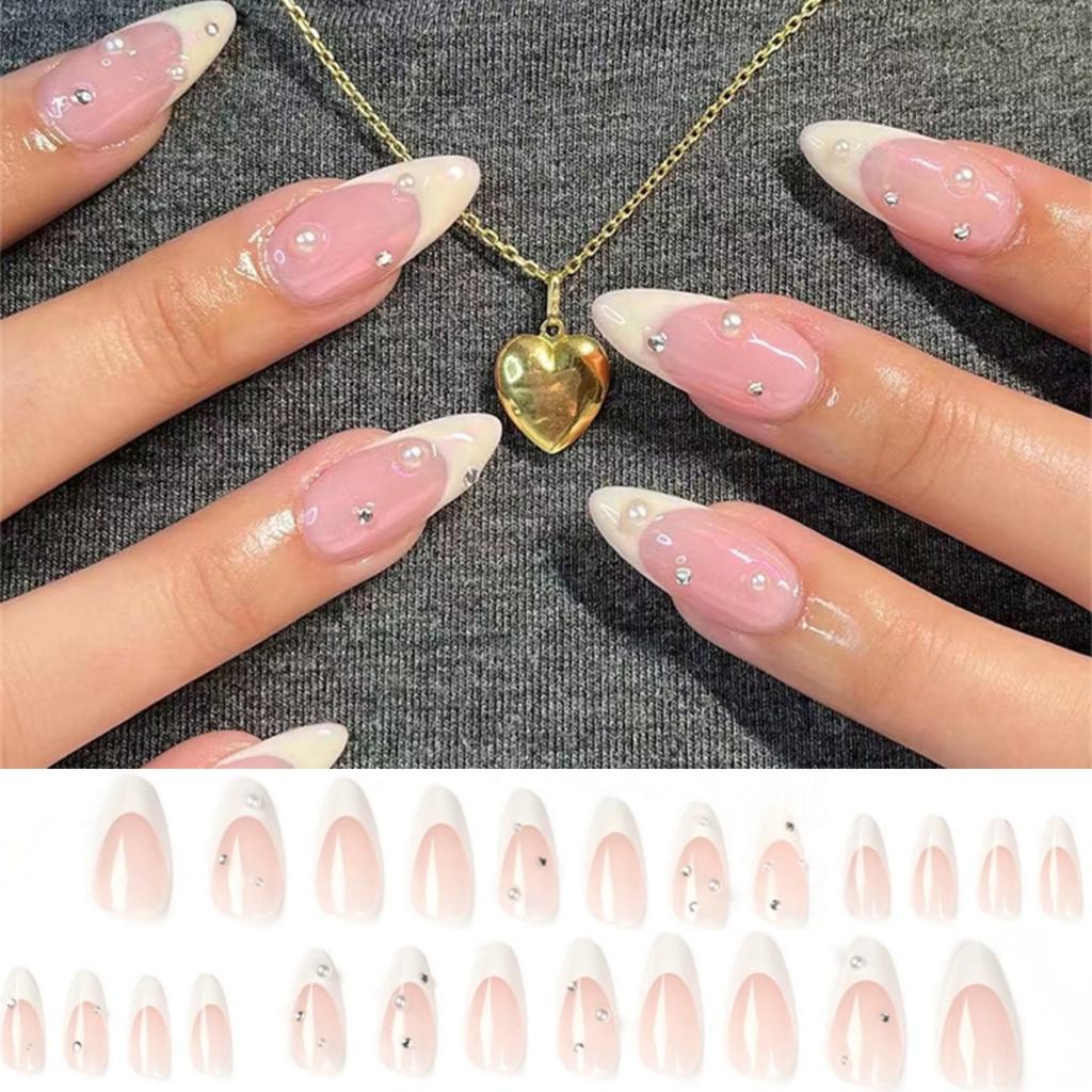 24 Pcs Simple Pink Press On Nails With Silver Glitter Powder Decor Removable Fake Nail Tips Set